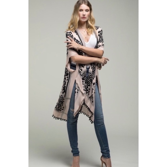 New! Ruggine Damask Print Pom Pom Trim Viscose Lightweight Kimono Coverup Top - Picture 5 of 6